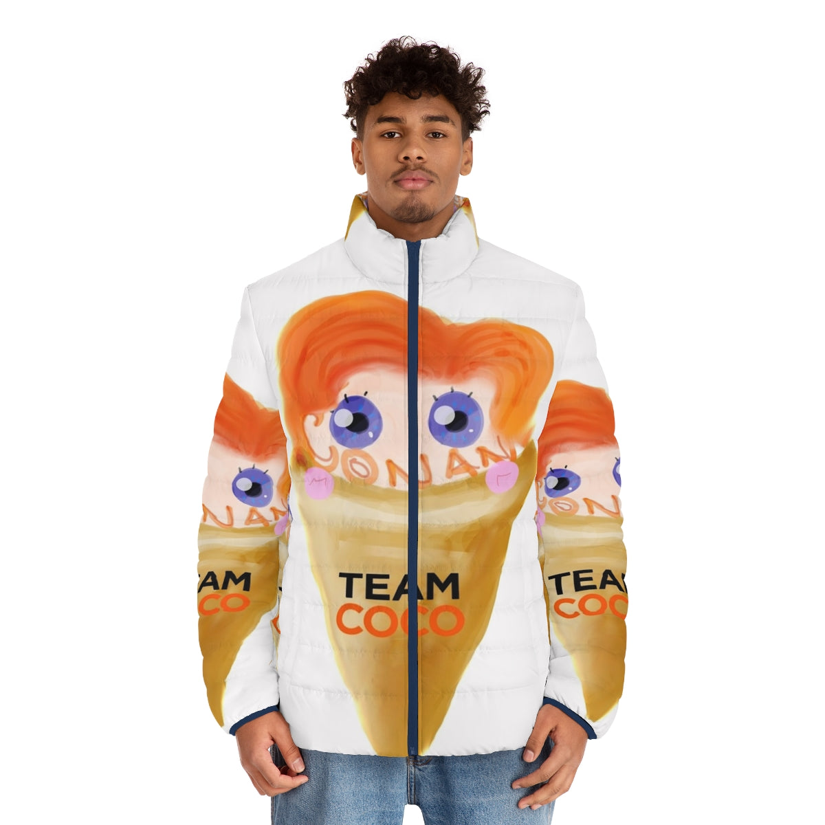 Image of a puffer jacket with an ice cream design, featuring Conan O'Brien branding - men front