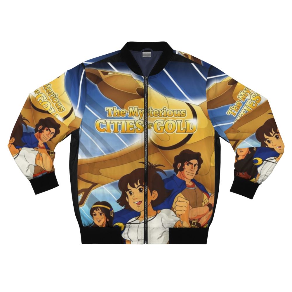 Retro bomber jacket featuring the iconic characters from the 80s anime series "The Mysterious Cities of Gold"