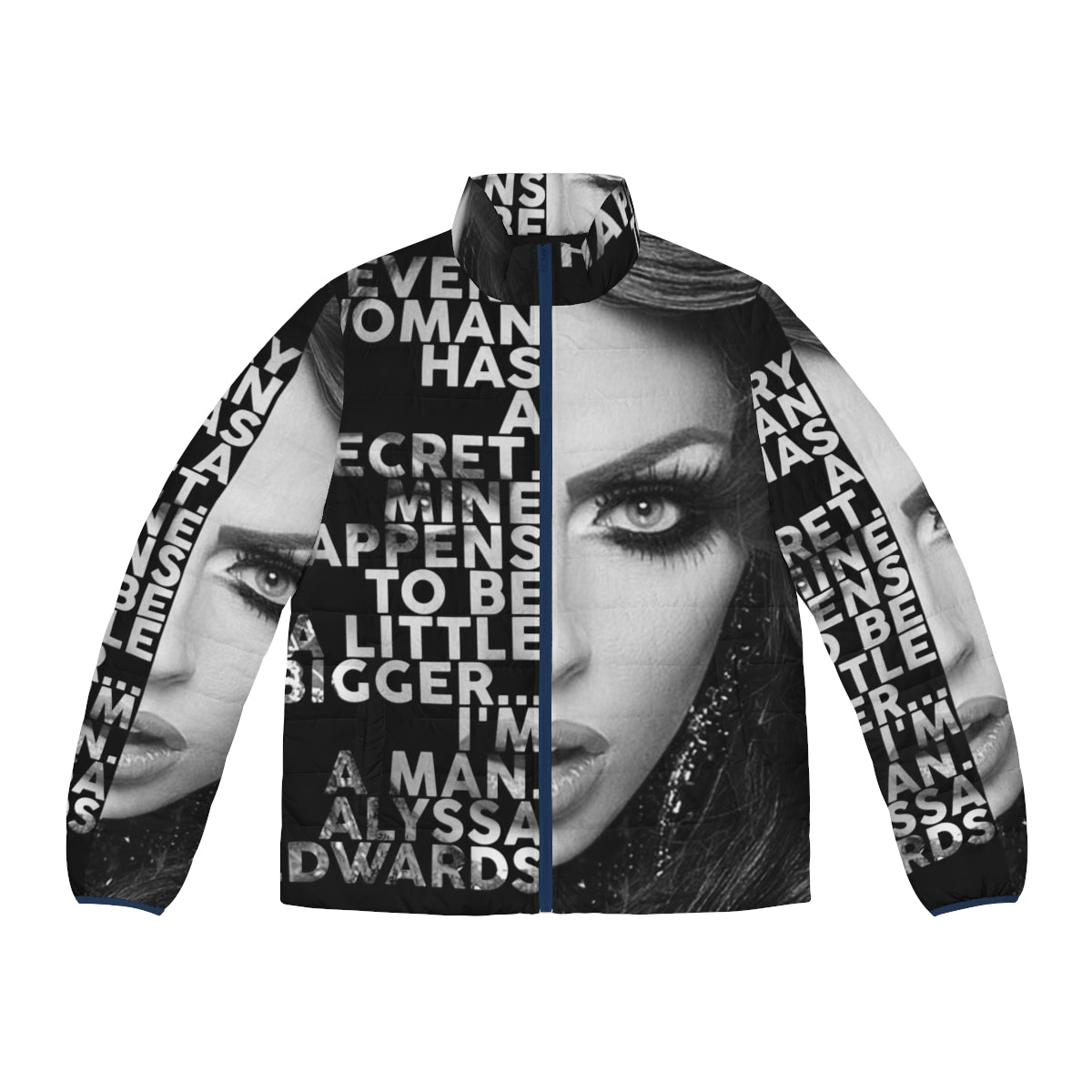 Alyssa Edwards text portrait printed on a black and white puffer jacket