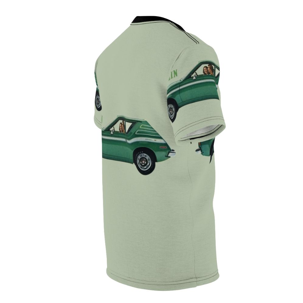 A vintage-style t-shirt featuring a retro green gremlin car design in a cool, striped pattern. - men right