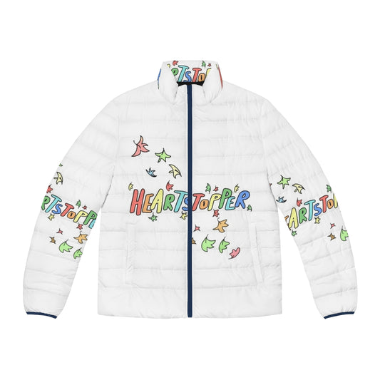 Heartstopper-inspired autumn leaves puffer jacket with LGBTQ+ pride colors