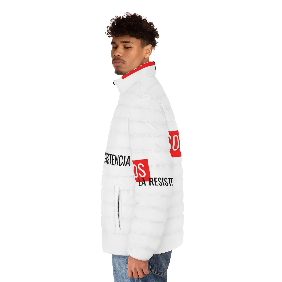 Money Heist Puffer Jacket featuring 'We Are The Resistance' design - men side left