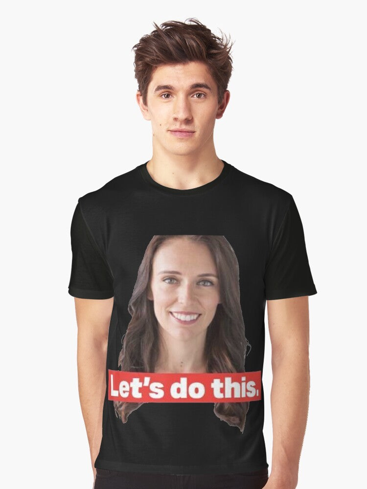 Jacinda Ardern, the Prime Minister of New Zealand, featured on a graphic t-shirt design. - Men