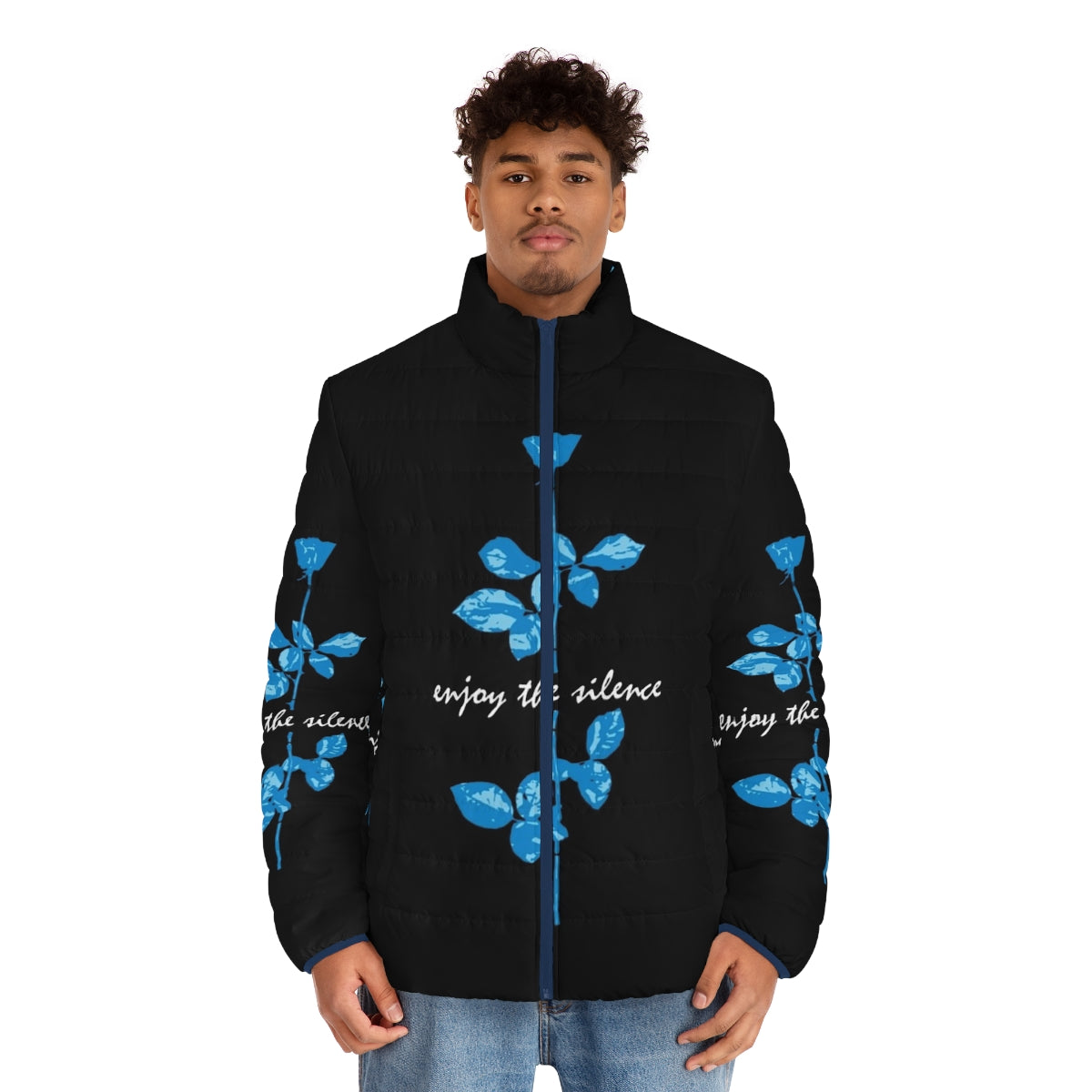 Blue puffer jacket with "Enjoy the Silence" Depeche Mode inspired design - men front