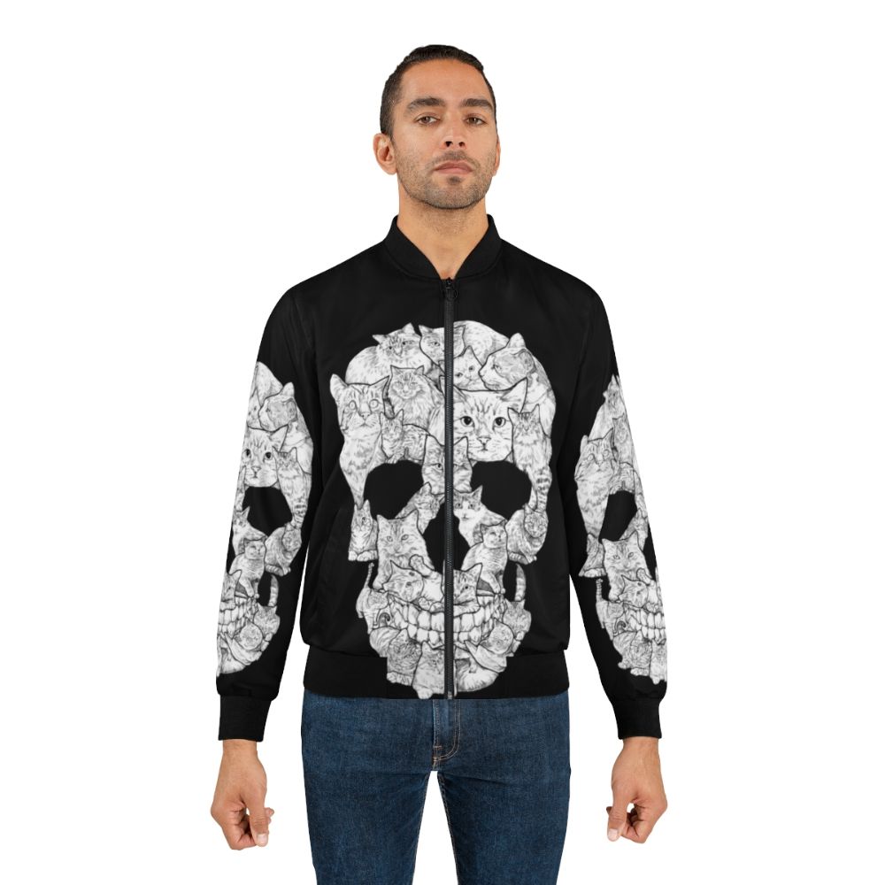 A stylish bomber jacket featuring a fearsome cat skull design, perfect for horror and goth enthusiasts. - Lifestyle