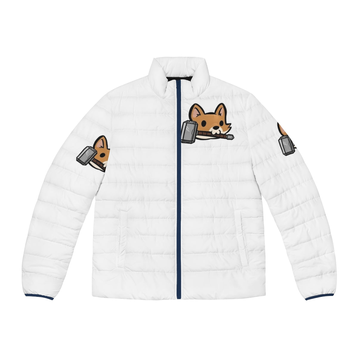 Corgi wearing a Thorgi-themed puffer jacket with Marvel's Thor design