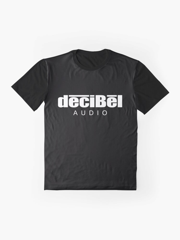 High-quality graphic t-shirt featuring a decibel audio design for music lovers and audiophiles - Flat lay