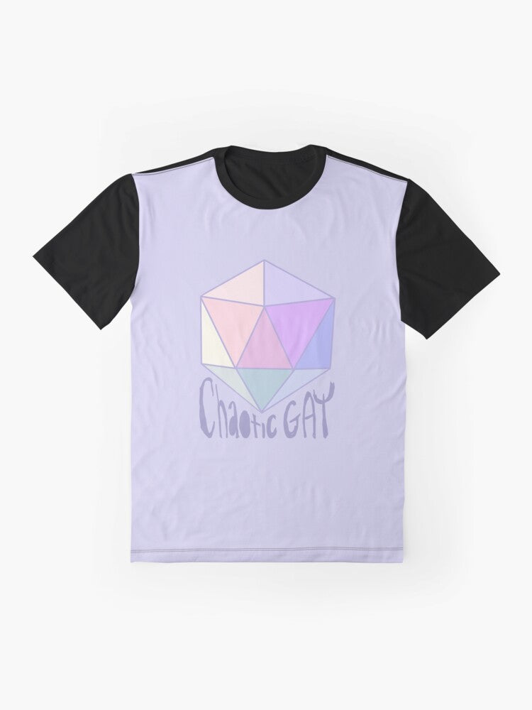 A pastel graphic t-shirt featuring a chaotic gay design for fantasy roleplaying game fans. - Flat lay