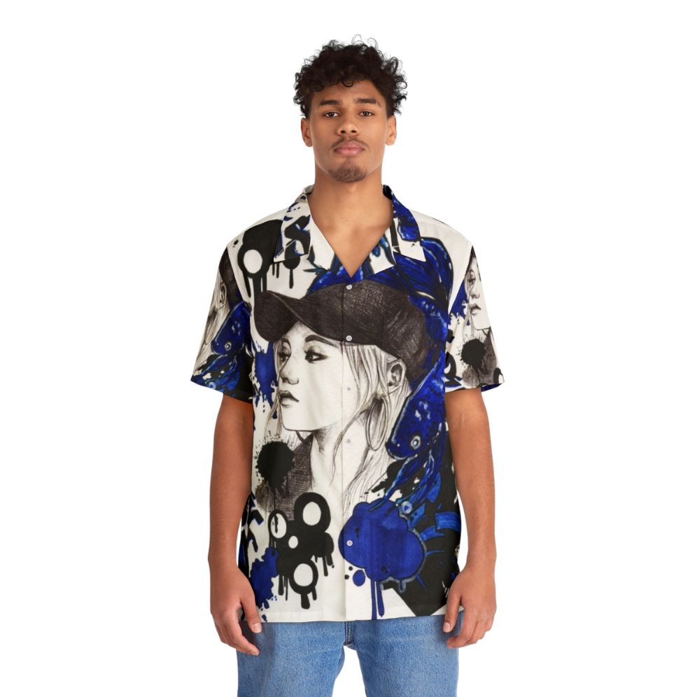 Blue Betta Hawaiian Shirt with Tropical Floral Pattern - People Front