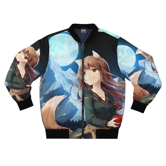 Spice and Wolf Horo Anime Bomber Jacket featuring a watercolor design of the wolf goddess Horo