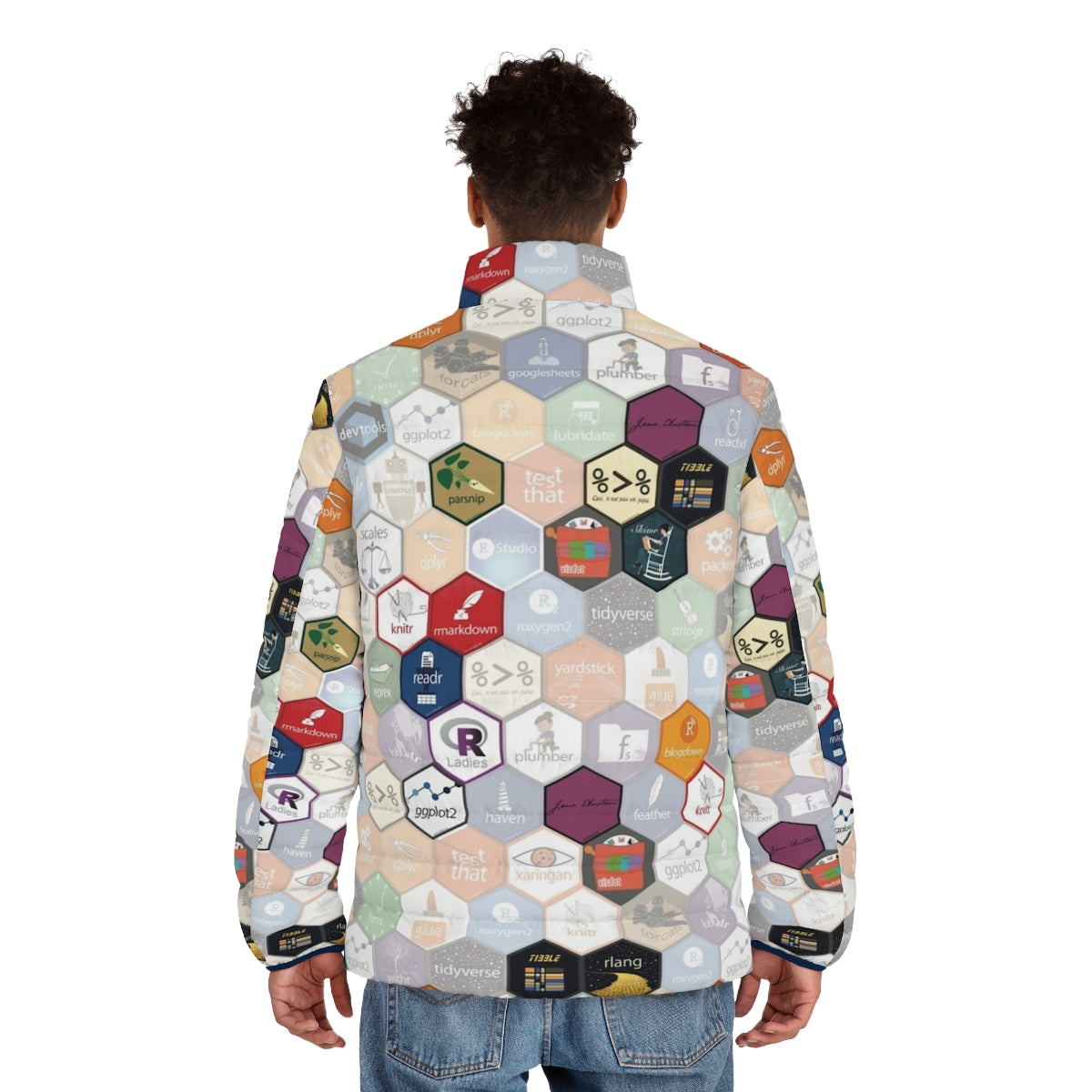 A puffer jacket with a small hexagonal pattern, perfect for data science enthusiasts and R programmers. - men back