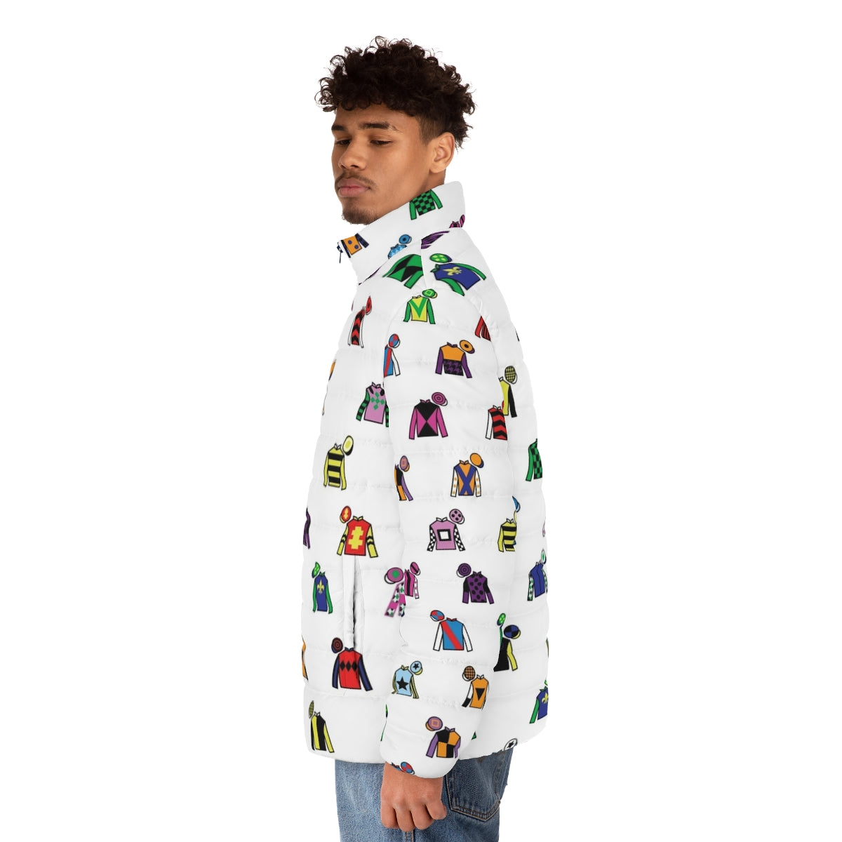 Colorful puffer jacket with horse racing jockey silks design - men side left