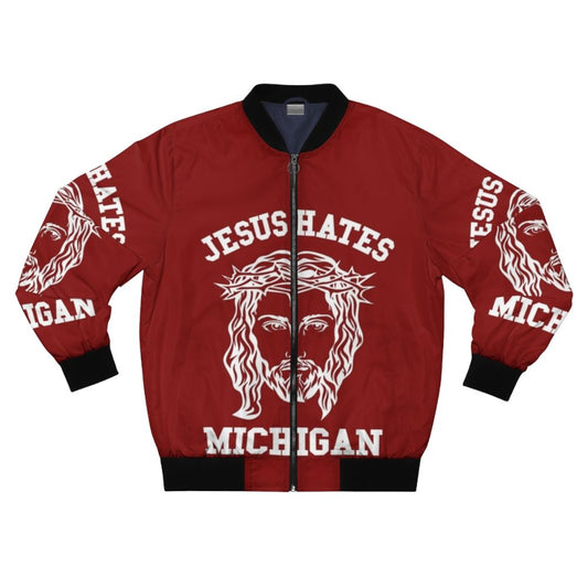 A stylish bomber jacket with a Michigan and Jesus-themed design.