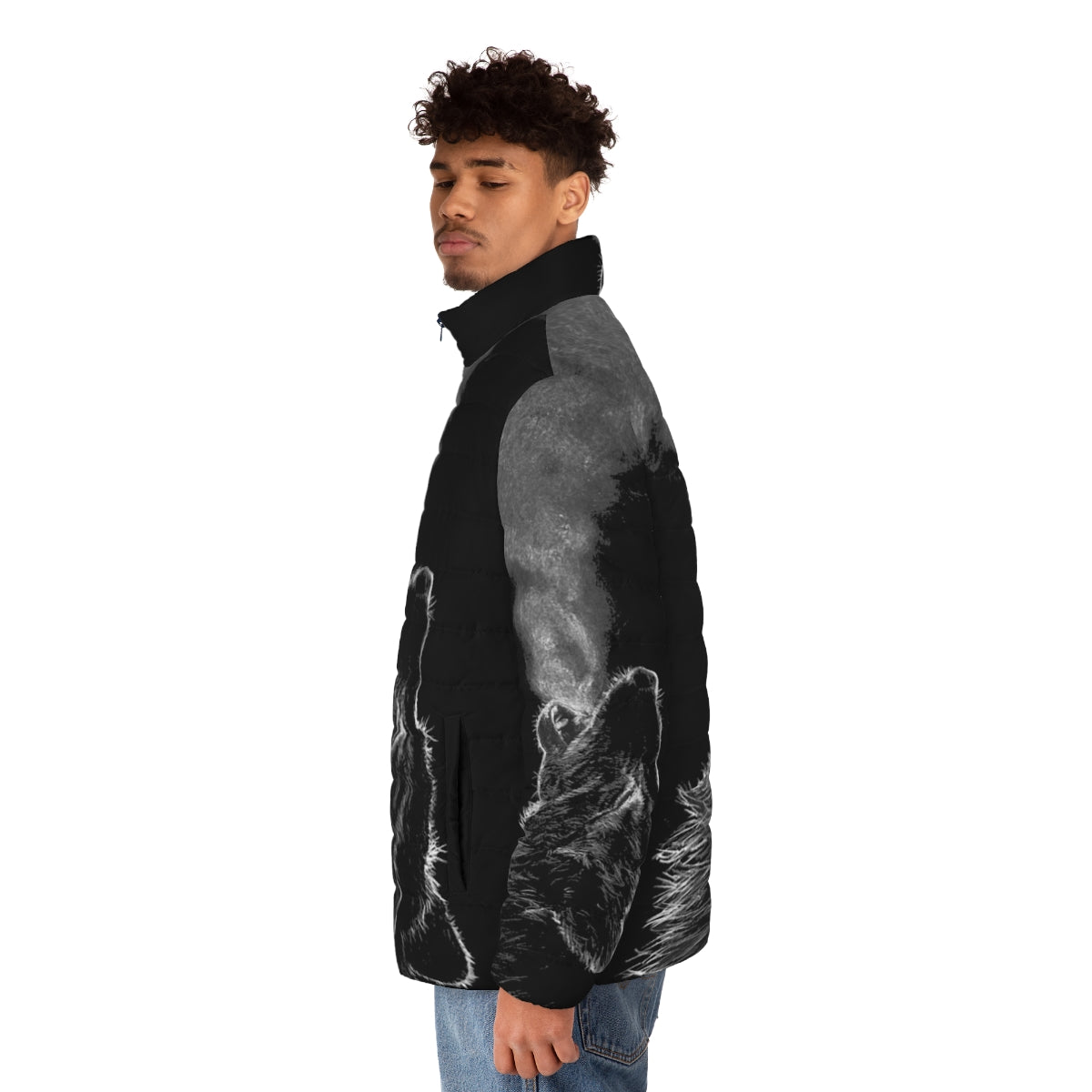 A black and white wolf puffer jacket with a furry hood and animal print design - men side left