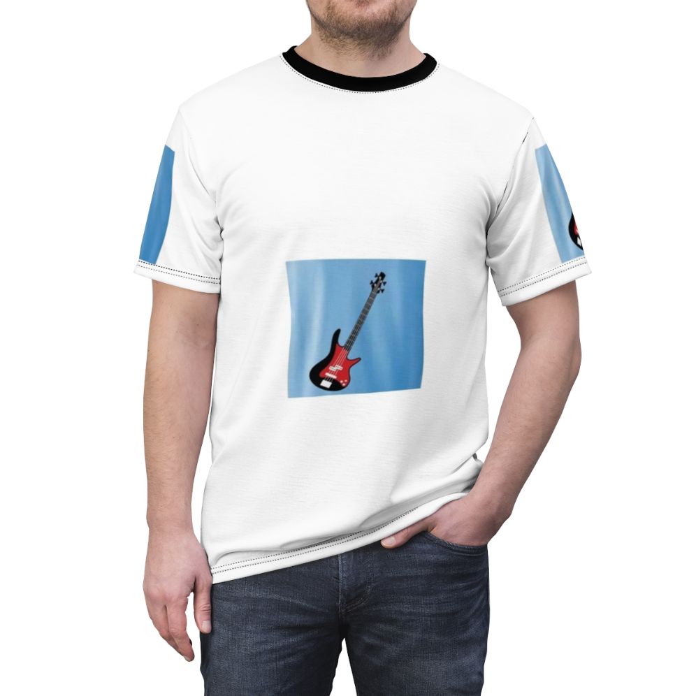 Stylish t-shirt with a graphic design featuring a music theme, including a guitar - men front