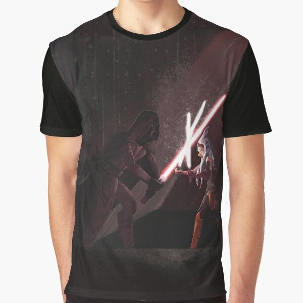 Star Wars-inspired graphic t-shirt featuring the battle between a Jedi Master and their Apprentice