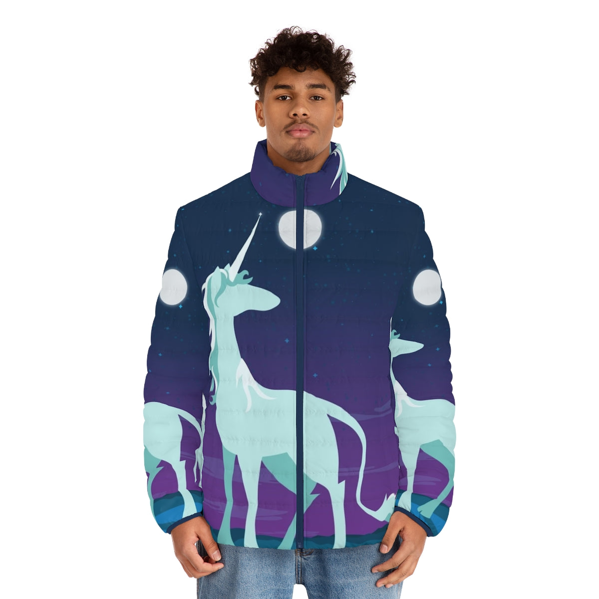 Cozy and whimsical unicorn-themed puffer jacket - men front