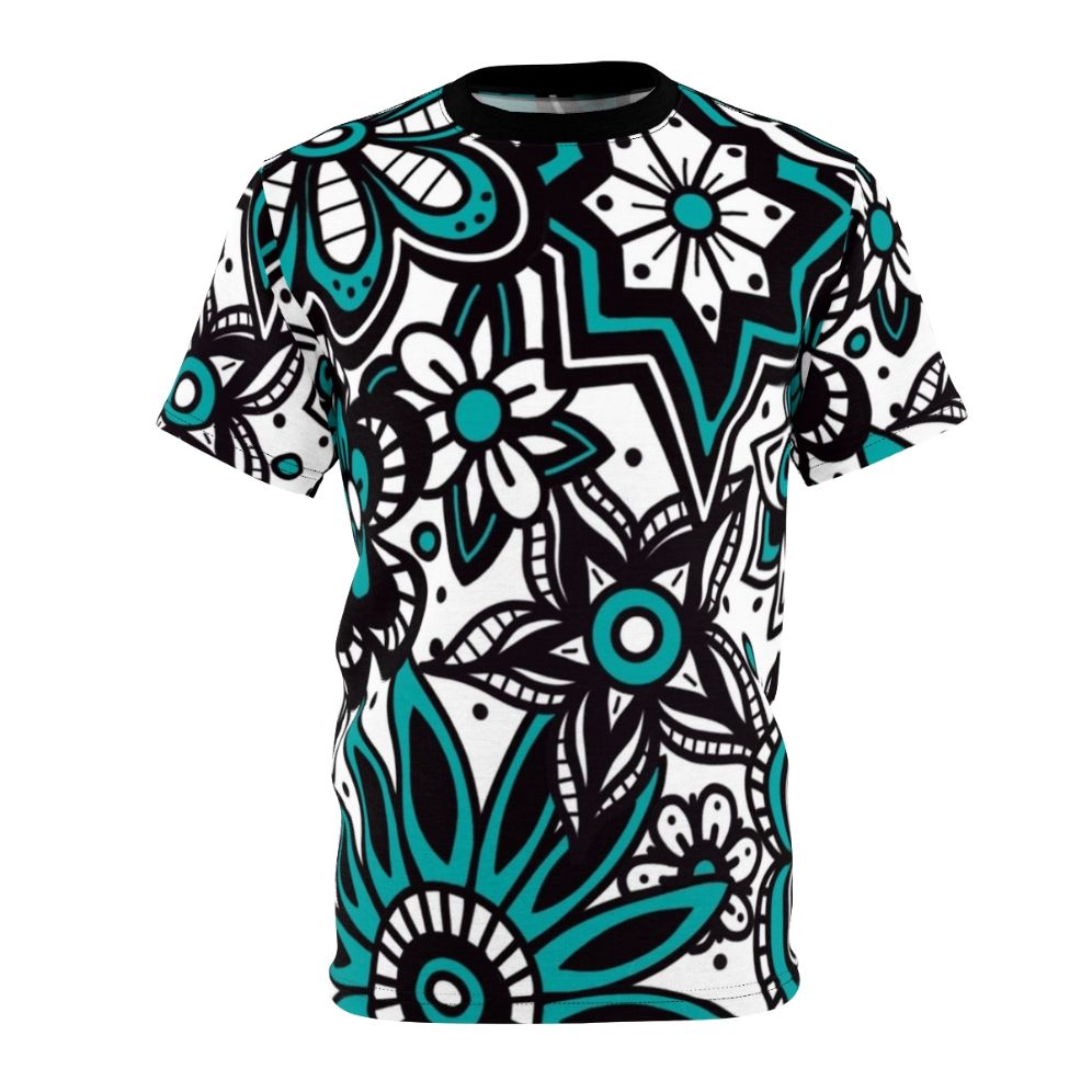 Teal and white flowers in a hand-drawn doodle pattern on a t-shirt