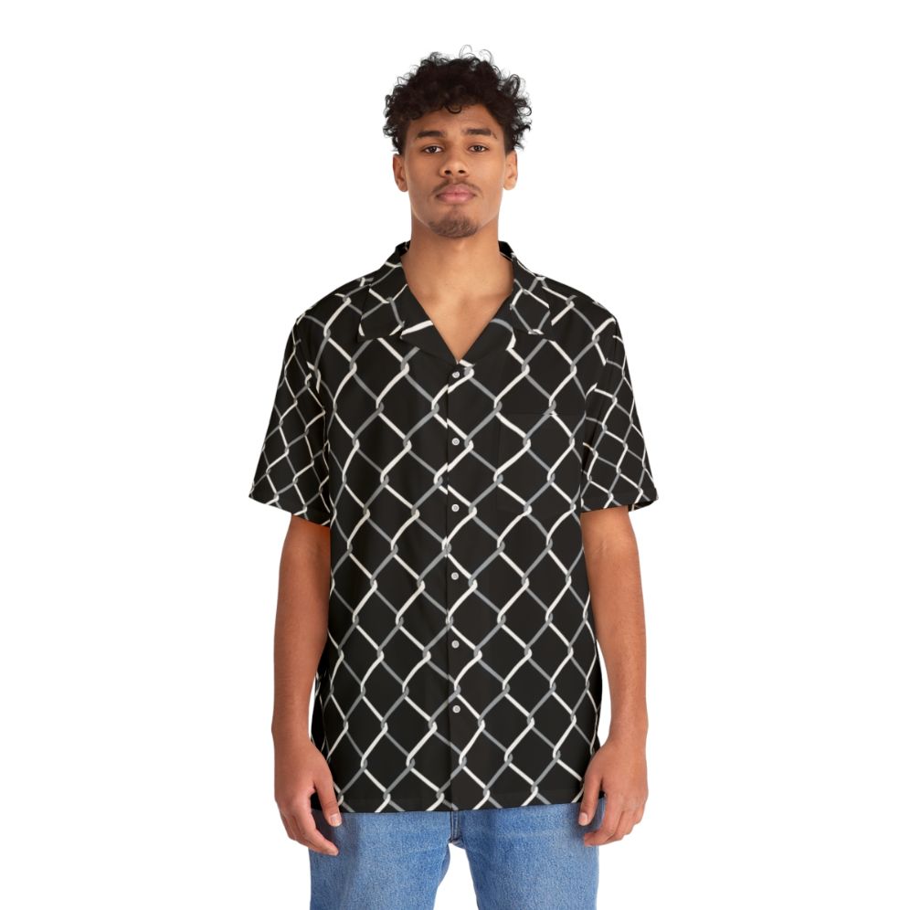 Stylish chain link patterned black and white Hawaiian shirt - People Front