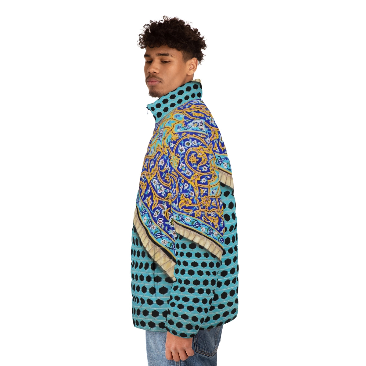 Persian tiles puffer jacket with mosaic pattern and arch design - men side left