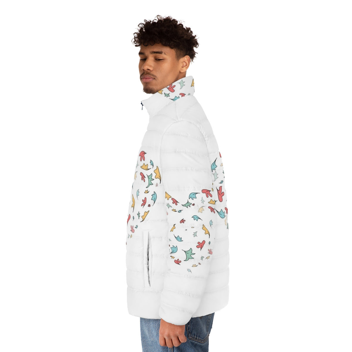 Heartstopper Leaves Puffer Jacket 3, featuring a cozy puffer design inspired by the hit Netflix series. - men side left