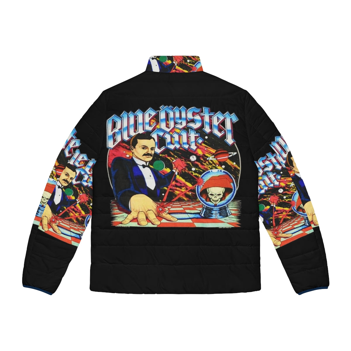 Blue Oyster Cult inspired puffer jacket featuring the iconic band logo - Back