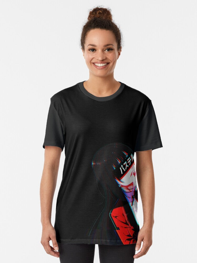 Crimson-colored graphic t-shirt featuring the aesthetic cyberpunk design of the anime series Kakegurui, with the character Yumeko Jabami, a compulsive gambler. - Women