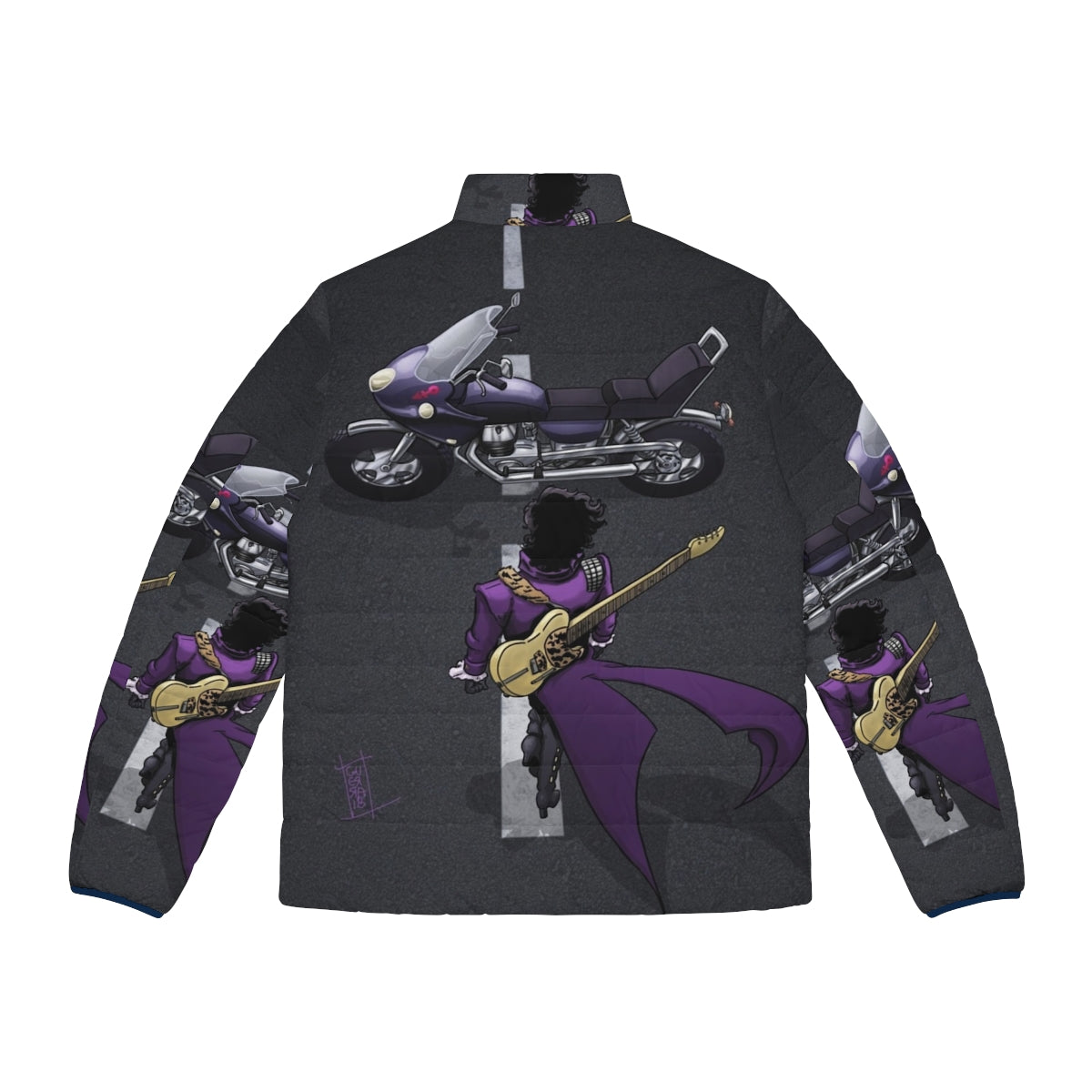 Anime-inspired purple puffer jacket with paisley print and musical instrument graphics - Back