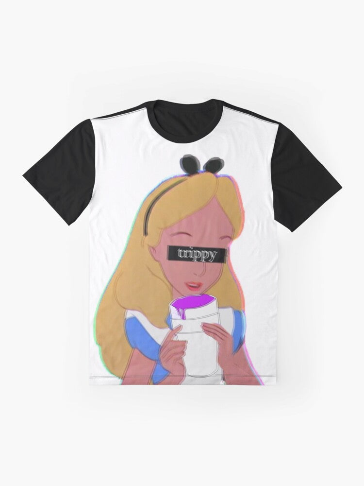 Trippy alice in wonderland graphic t-shirt with psychedelic, mind-bending design - Flat lay