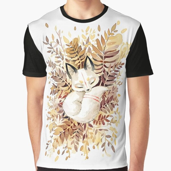 Slumber Graphic T-Shirt featuring a cute, sleeping fox design in the forest