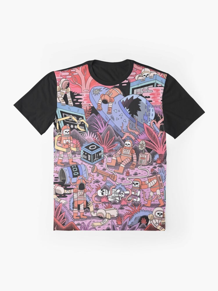 Chaos Graphic T-Shirt featuring a sci-fi space supernatural design with an astronaut, skull, and other elements. - Flat lay