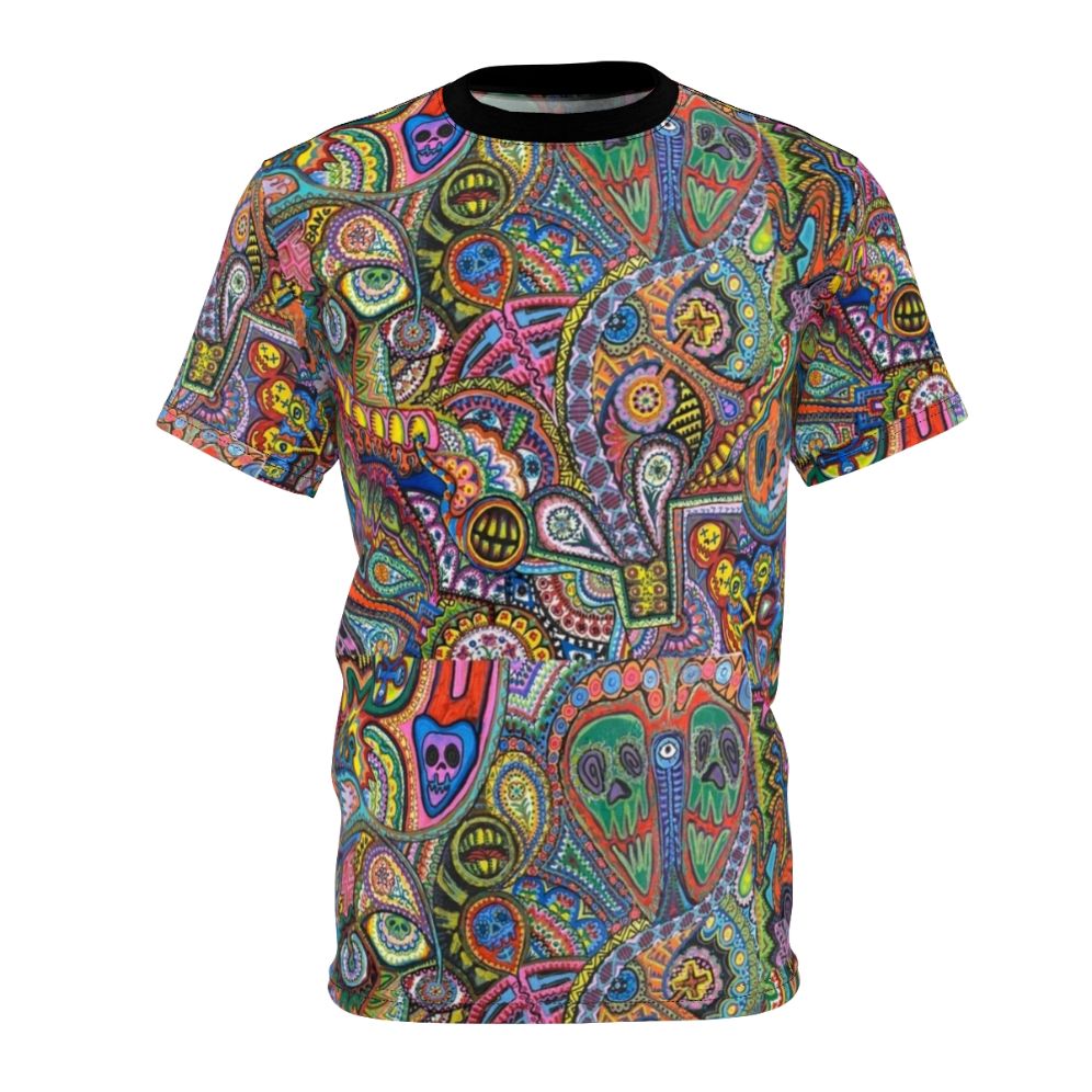 "Trippy psychedelic t-shirt featuring vibrant abstract and colorful patterns"