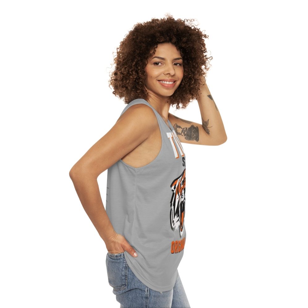 Unisex tank top with tiger sauce graphic - women side