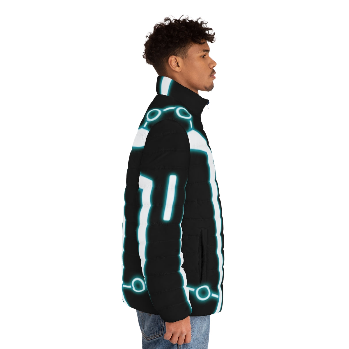 Person wearing a glowing "I Am Not A Program" sci-fi puffer jacket - men side right