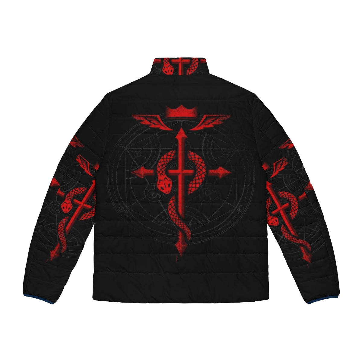 Alchemist Flamel Puffer Jacket featuring Fullmetal Alchemist symbols and imagery - Back