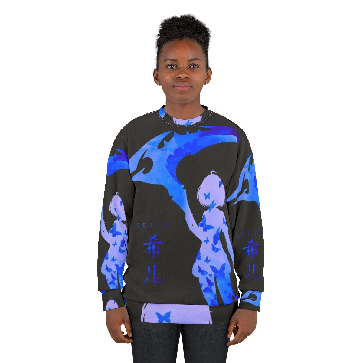 Blue Sweatshirt with Anime-style Butterflies Design - women