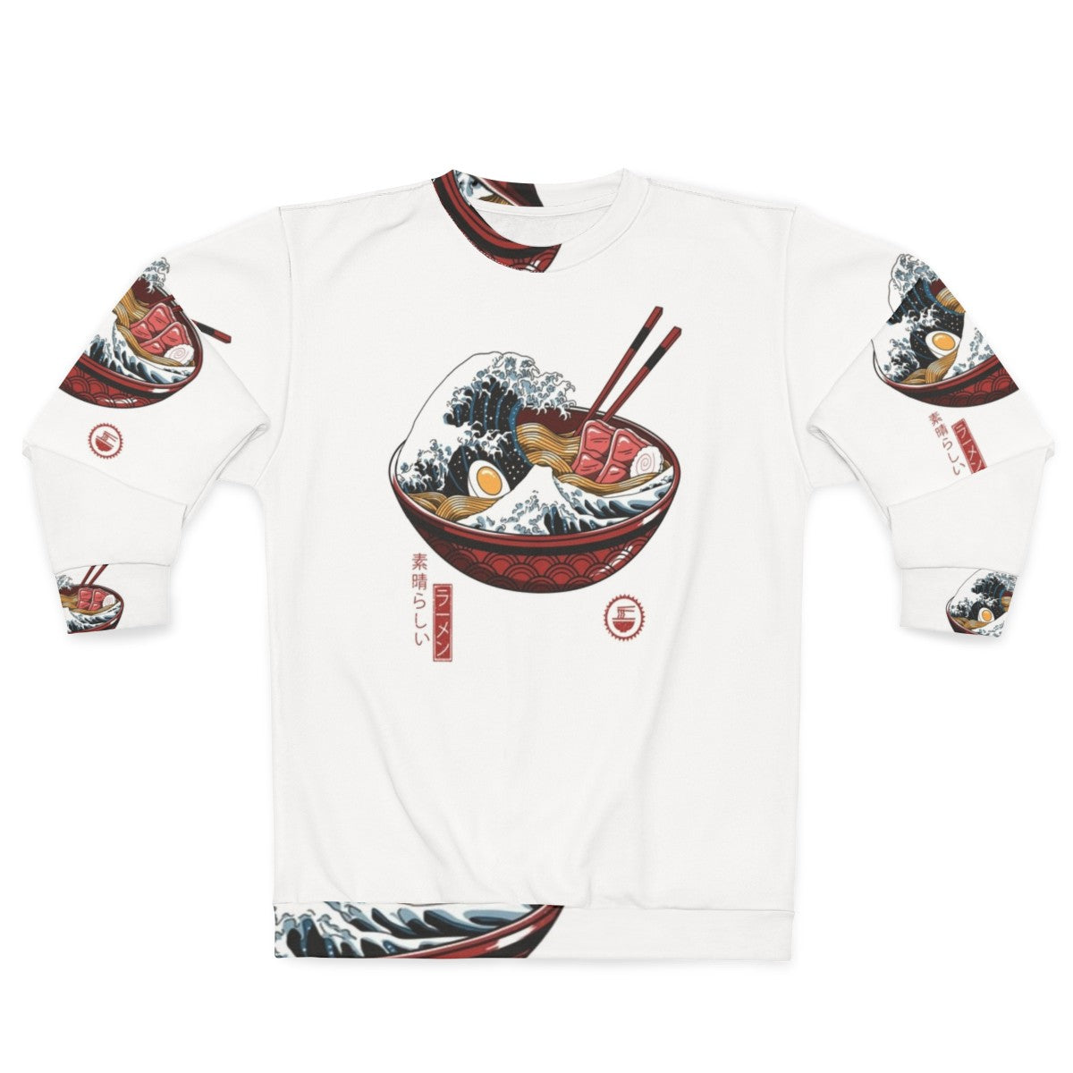 Japanese-inspired 'Great Ramen Wave' design on a white sweatshirt