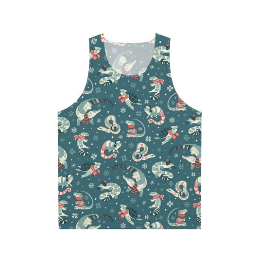 Dark blue unisex tank top with winter herp pattern