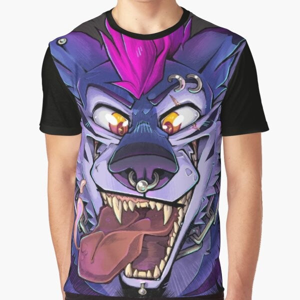 A graphic t-shirt featuring a punk-inspired furry wolf with prominent teeth and a maw.