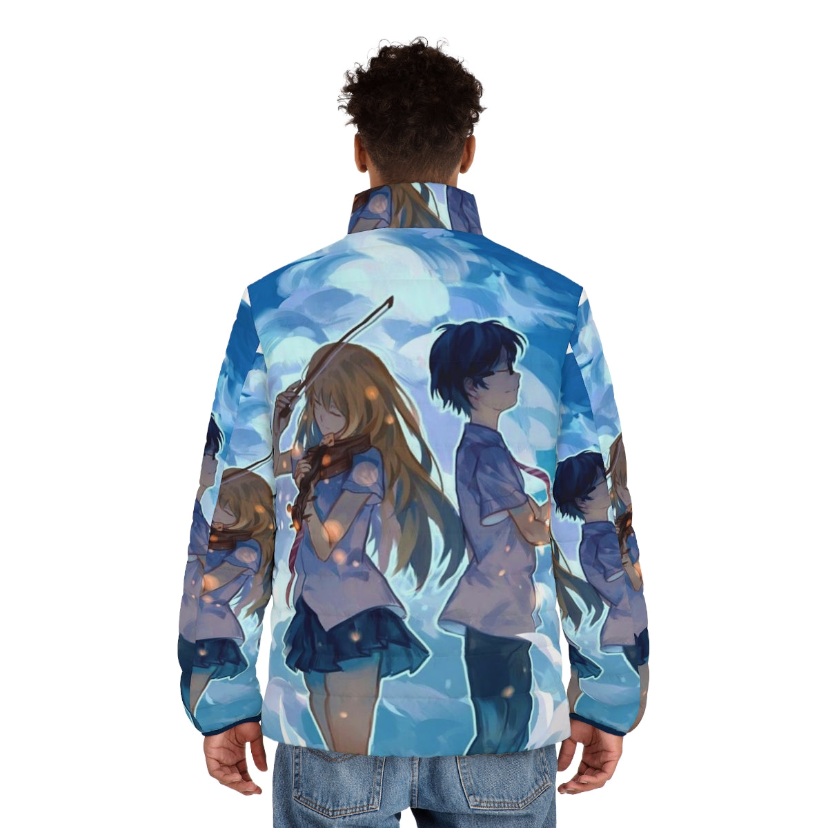 Your Lie in April inspired puffer jacket with anime characters Kousei and Kaori - men back