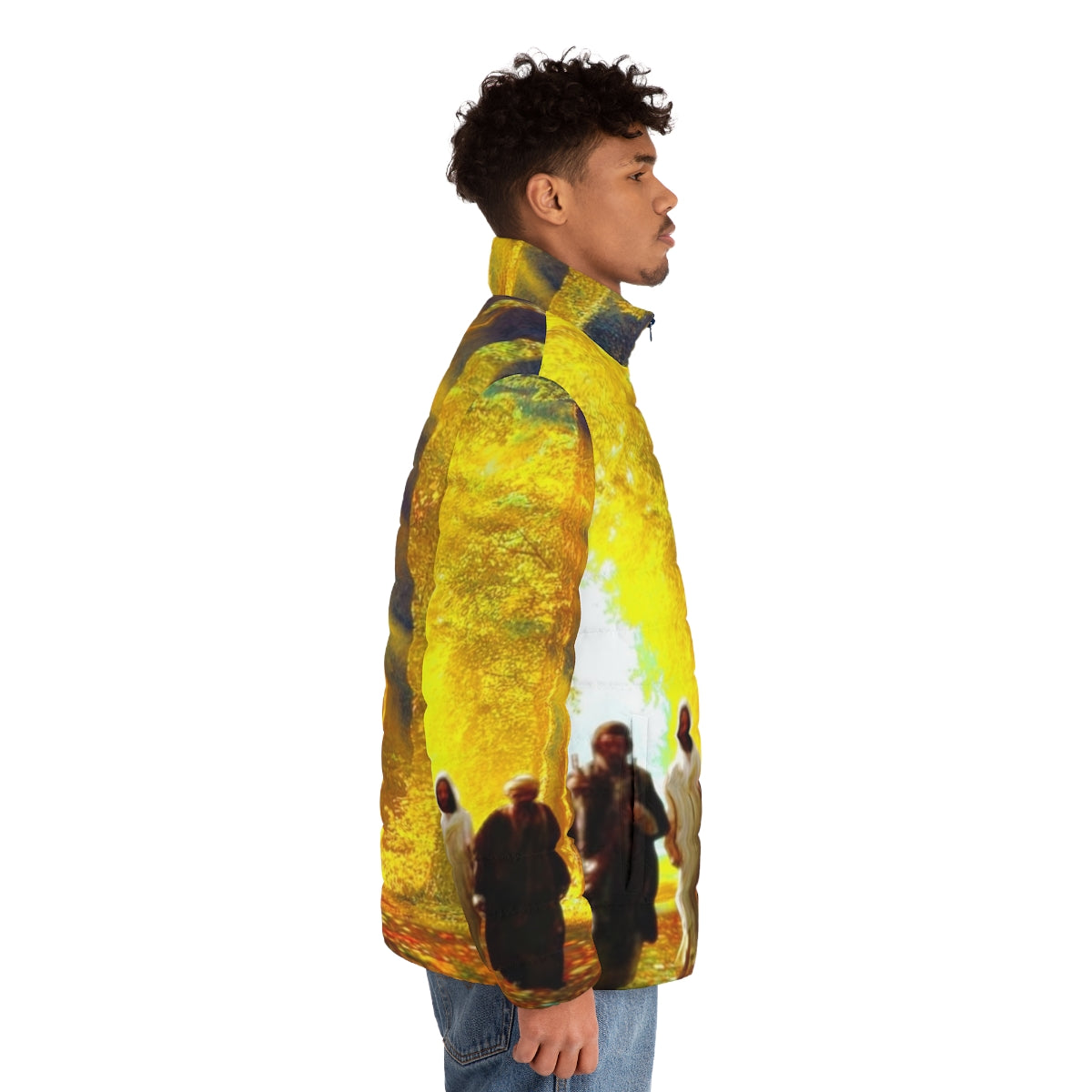 Road to Emmaus Puffer Jacket featuring a Christian religious design - men side right