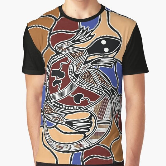 Authentic Aboriginal art t-shirt with a goanna (lizard) dreaming graphic design