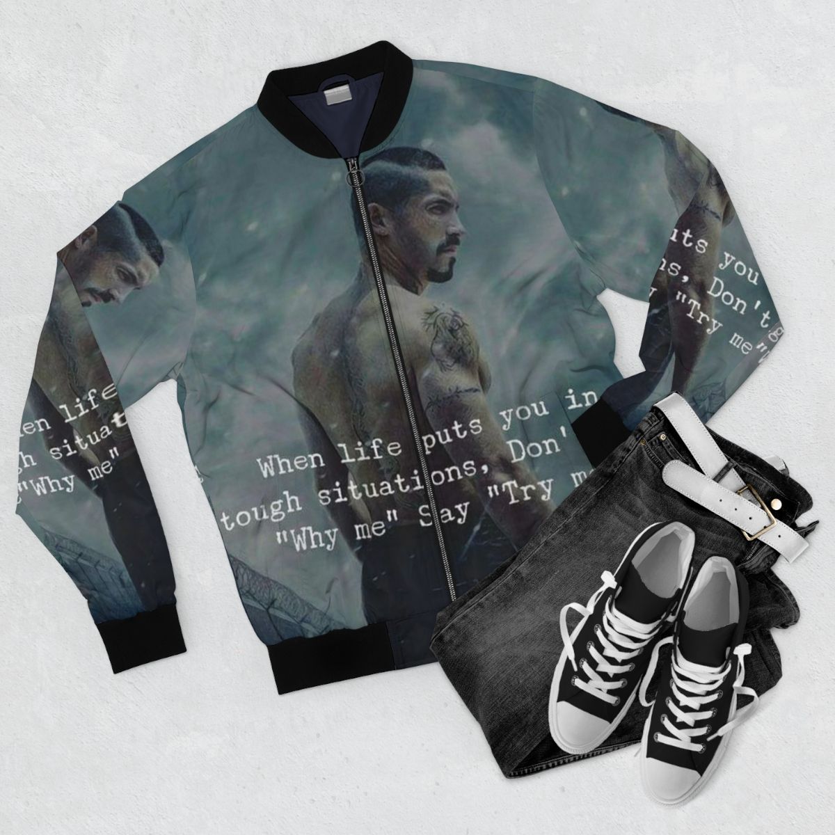 Yuri Boyka Bomber Jacket featuring Scott Adkins as the legendary MMA fighter - Flat lay