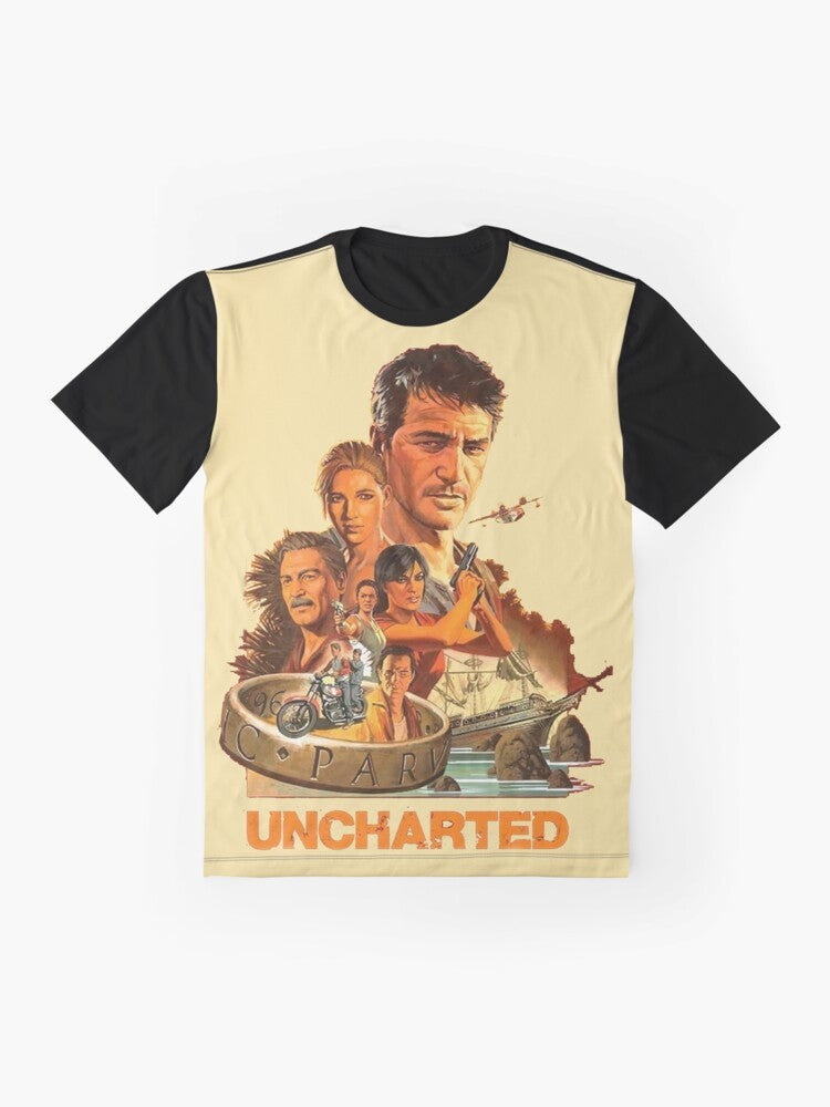 Uncharted video game inspired graphic t-shirt featuring Nathan Drake and the Uncharted logo - Flat lay