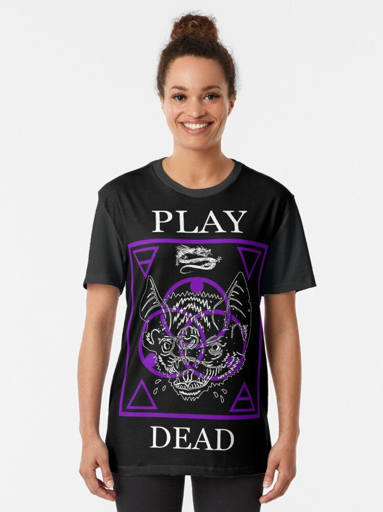 "Play Dead" graphic t-shirt featuring a vampire bat design - Women