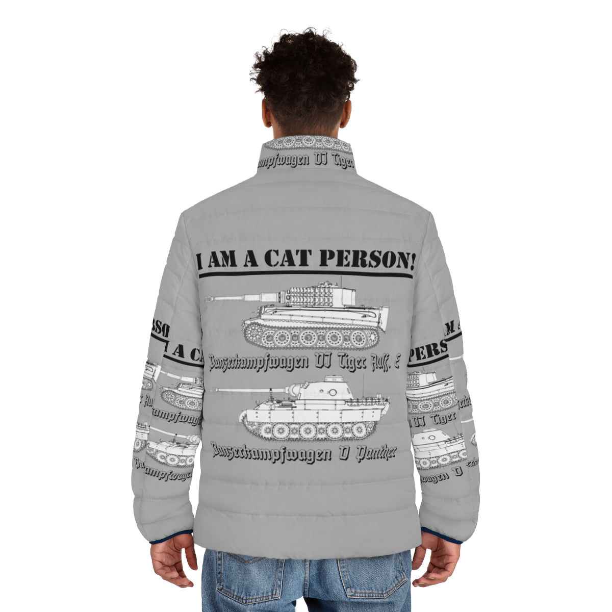 I Am A Cat Person Puffer Jacket with World War Two inspired panther tank and cat graphics - men back