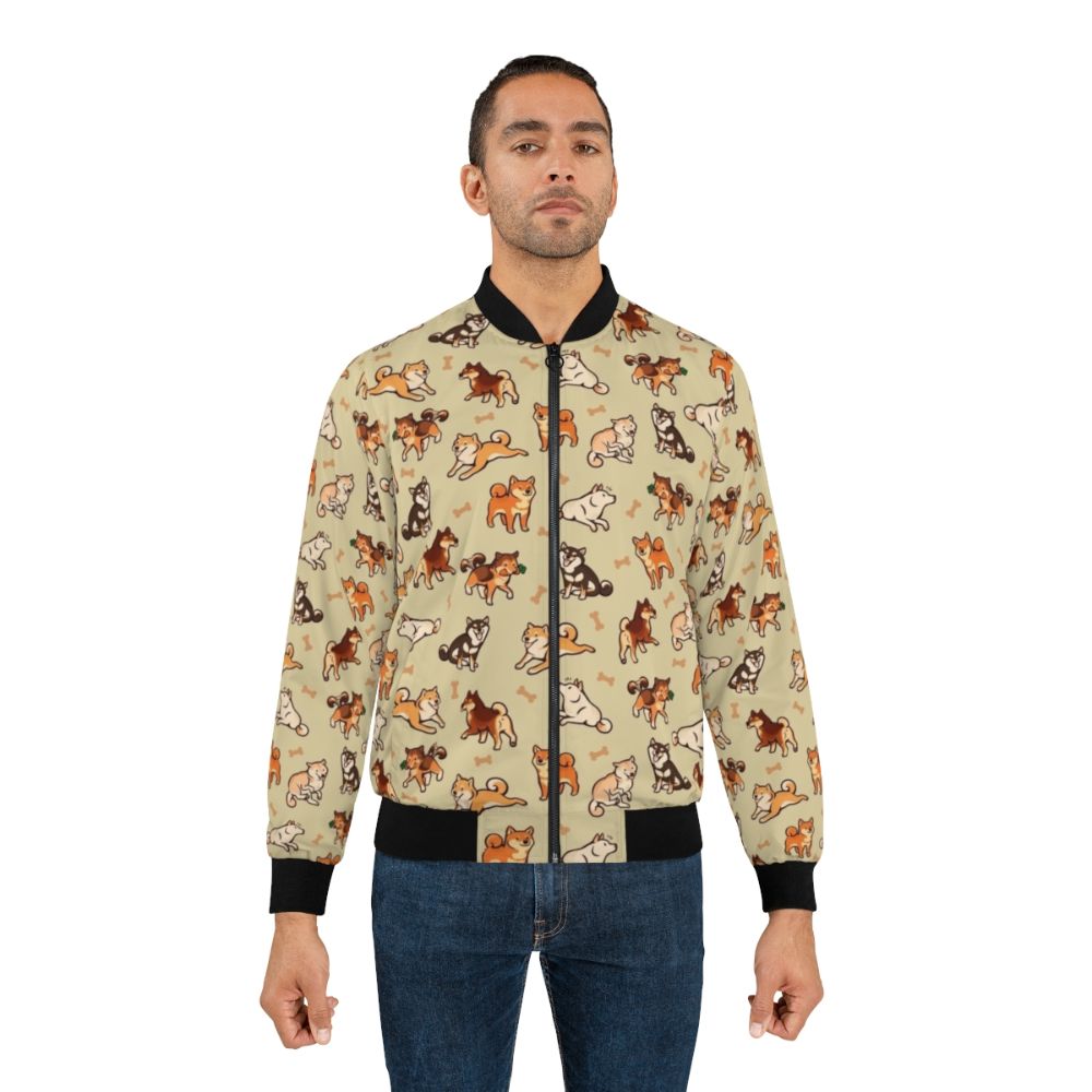 A cozy and stylish bomber jacket featuring a cute shiba inu dog pattern. - Lifestyle