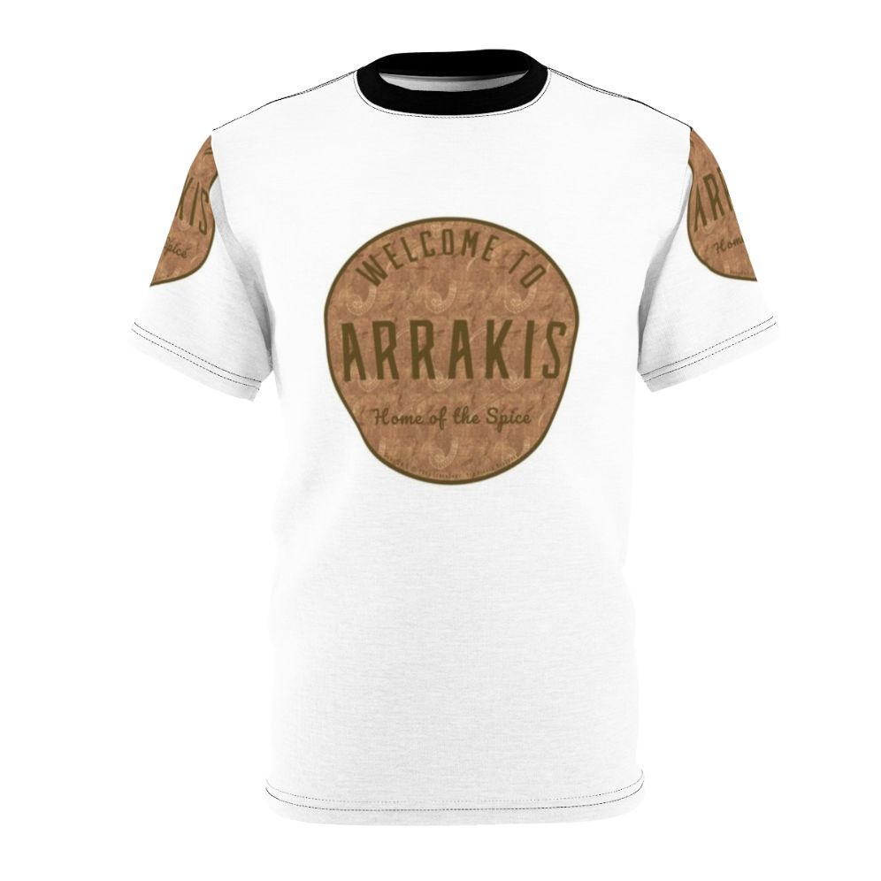 Dune-inspired round dark pattern t-shirt featuring Arrakis, the planet from the Dune science fiction franchise.