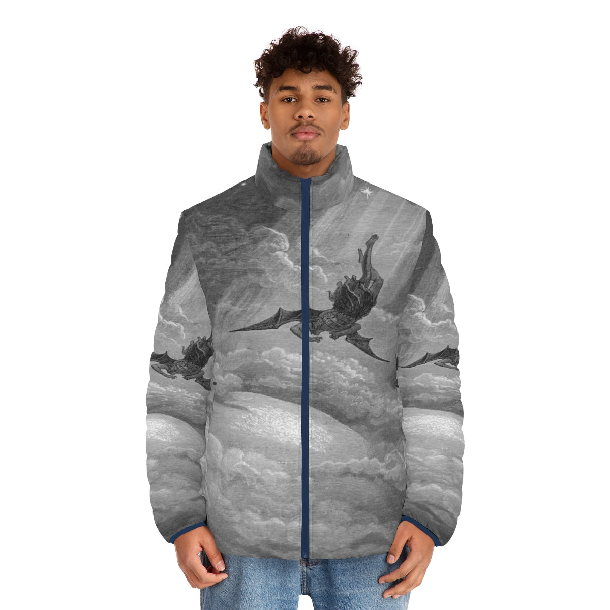 Puffer jacket featuring Gustave Dore's 'Satan Falls to Earth' woodcut artwork - men front