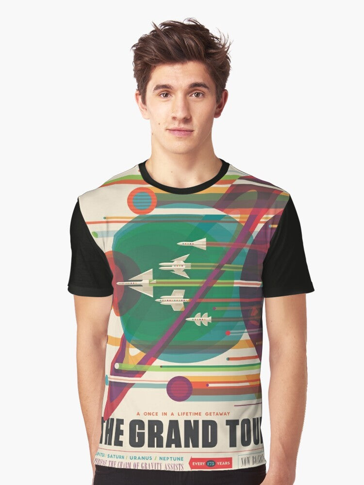 Retro Space Poster Graphic T-Shirt featuring a vintage space travel design - Men